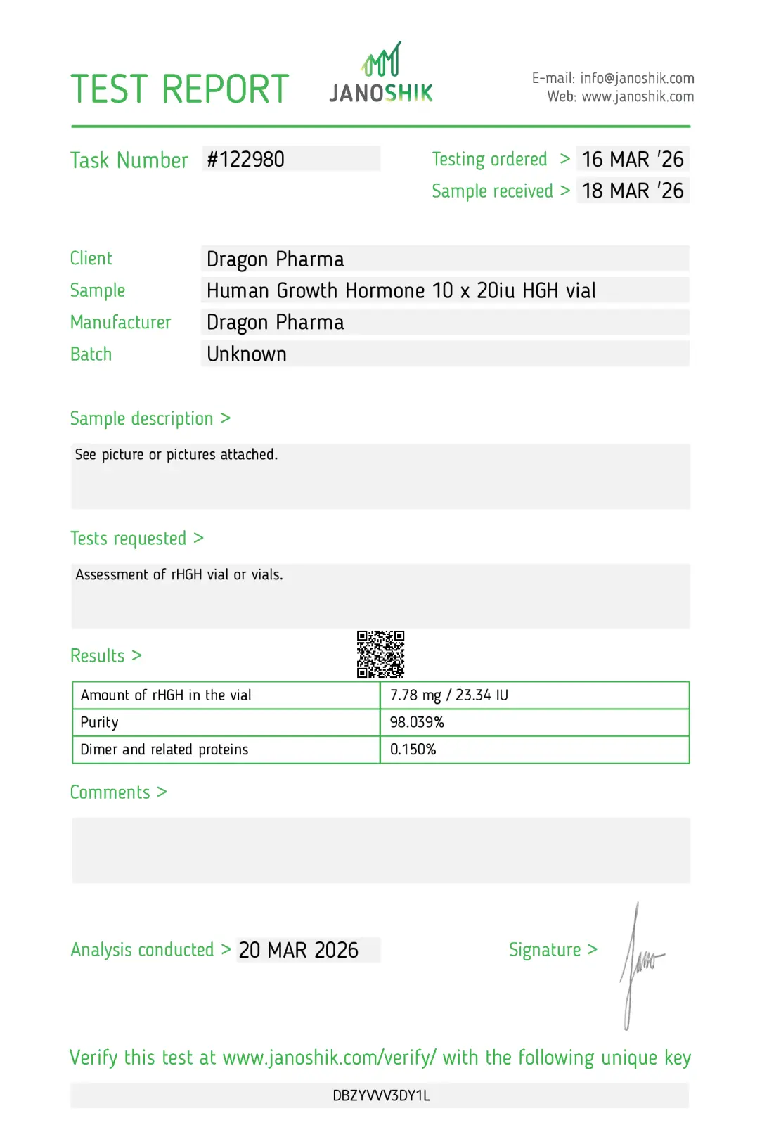 Dragontropin 20IU lab test report showing 23 IU potency and 98% purity