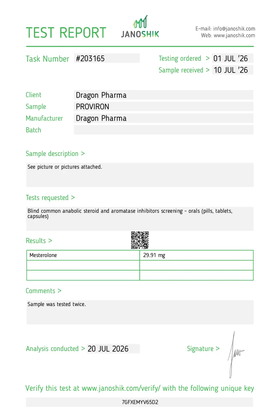 Proviron 25mg lab test result 2026