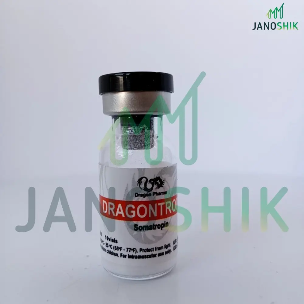Close-up of Dragontropin HGH vial with verified lab results indicating 14 IU strength and high purity