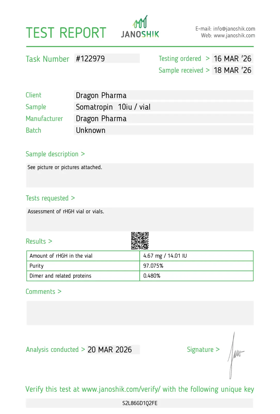 Dragontropin 10IU lab test report showing 14 IU potency and 97% purity